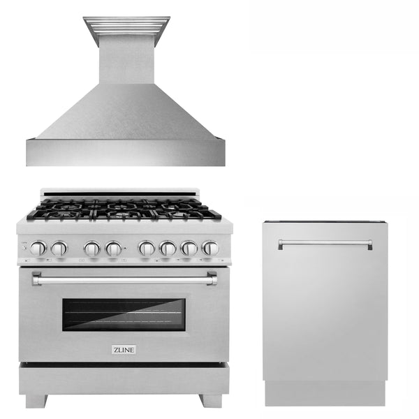 ZLINE 36 in. Kitchen Package with Satin Stainless Steel Gas Range, Ducted Range Hood and Dishwasher(3KP-RGSRH36-DWV)