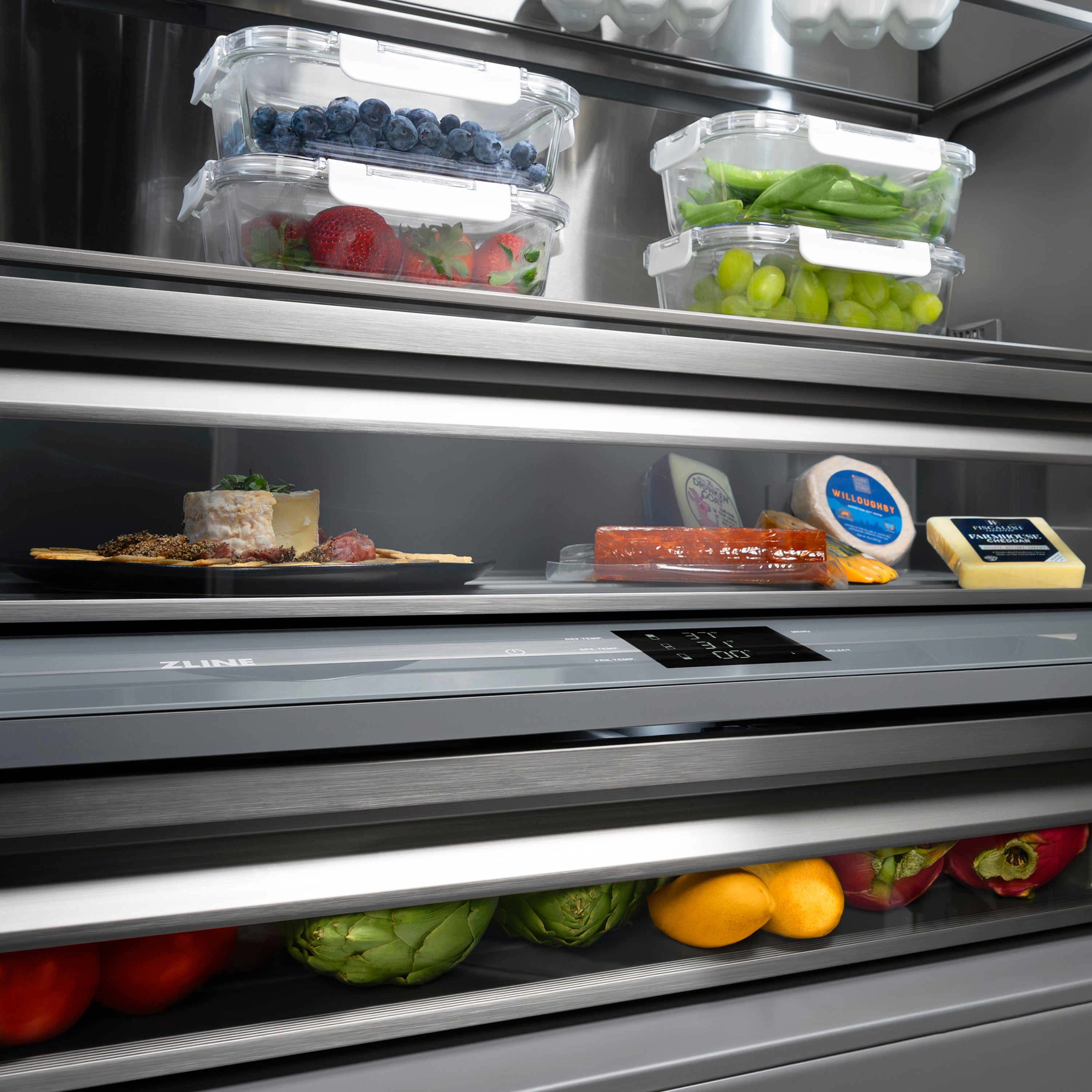 ZLINE Autograph Edition 36 in. 19.6 cu. ft. French Door Built-In Bottom Freezer Refrigerator with Water Dispenser and Ice Maker in Satin Stainless Steel with Graphite Gray Interior and Champagne Bronze Accents (GRBIVZ-SN-36-CB)