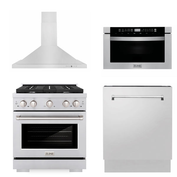 ZLINE Appliances 30" Kitchen Package with Stainless Steel Gas Range, Range Hood, Microwave Drawer and Tall Tub Dishwasher (4KP-SGRRH30-MWDWV)