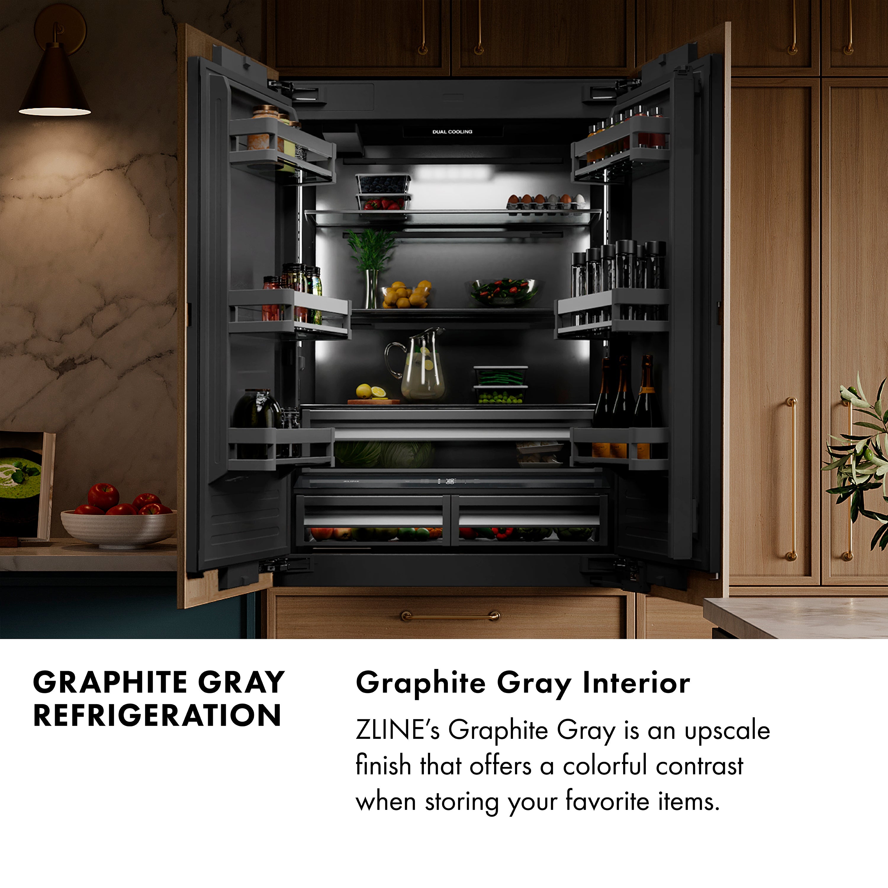 ZLINE Autograph Edition 60 in. 32.2 cu. ft. French Door Built-In Bottom Freezer Refrigerator with Water Dispenser and Ice Maker in White Matte with Graphite Gray Interior and Matte Black Accents (GRBIVZ-WM-60-MB)