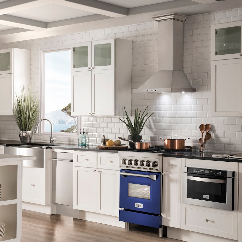 ZLINE 24 in. 2.8 cu. ft. Legacy Dual Fuel Range with 4 Burner Gas Cooktop and Electric Convection Oven in Stainless Steel and Blue Matte Door (RA-BM-24)