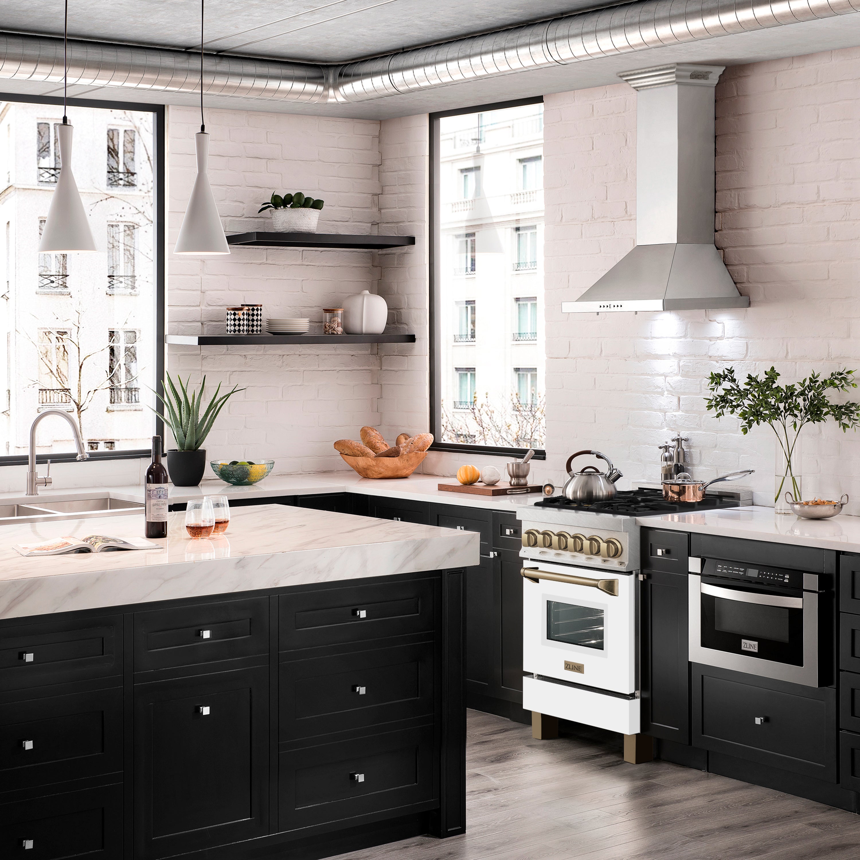 ZLINE Autograph Edition 24 in. 2.8 cu. ft. Legacy Dual Fuel Range with 4 Burner Gas Cooktop and Electric Convection Oven in Satin Stainless Steel with White Matte Door and Champagne Bronze Accents (RASZ-WM-24-CB)