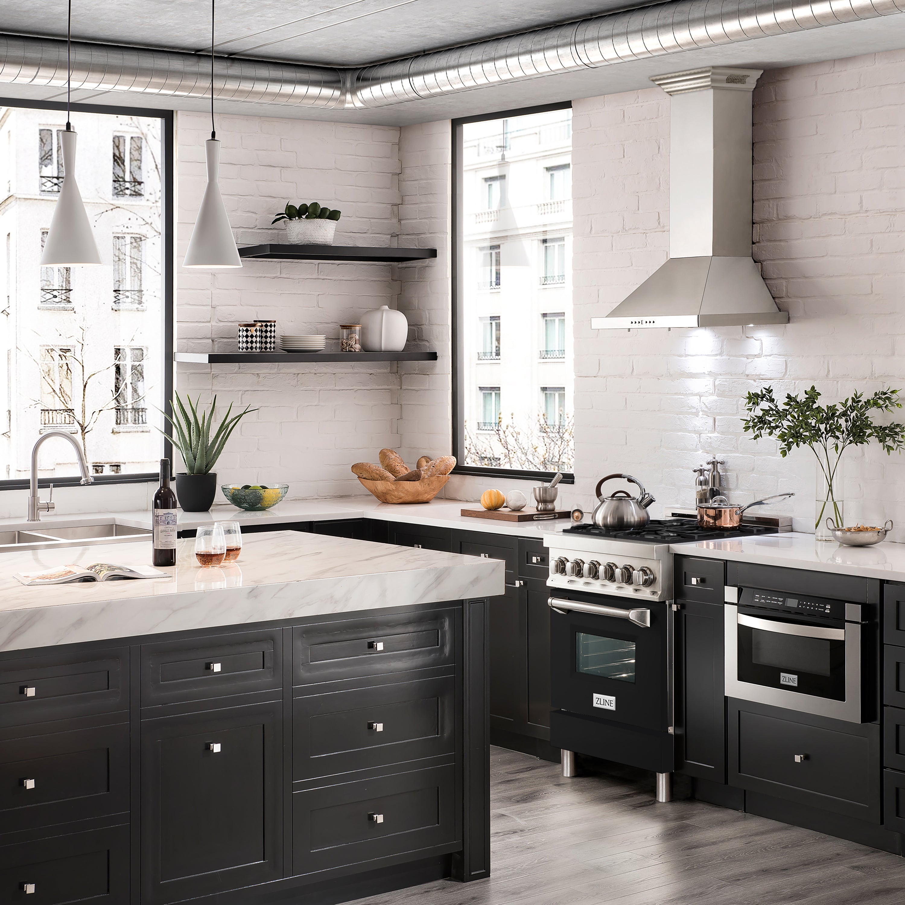 ZLINE 24 in. 2.8 cu. ft. Legacy Dual Fuel Range with 4 Burner Gas Cooktop and Electric Convection Oven in Stainless Steel and Black Matte Door (RA-BLM-24)