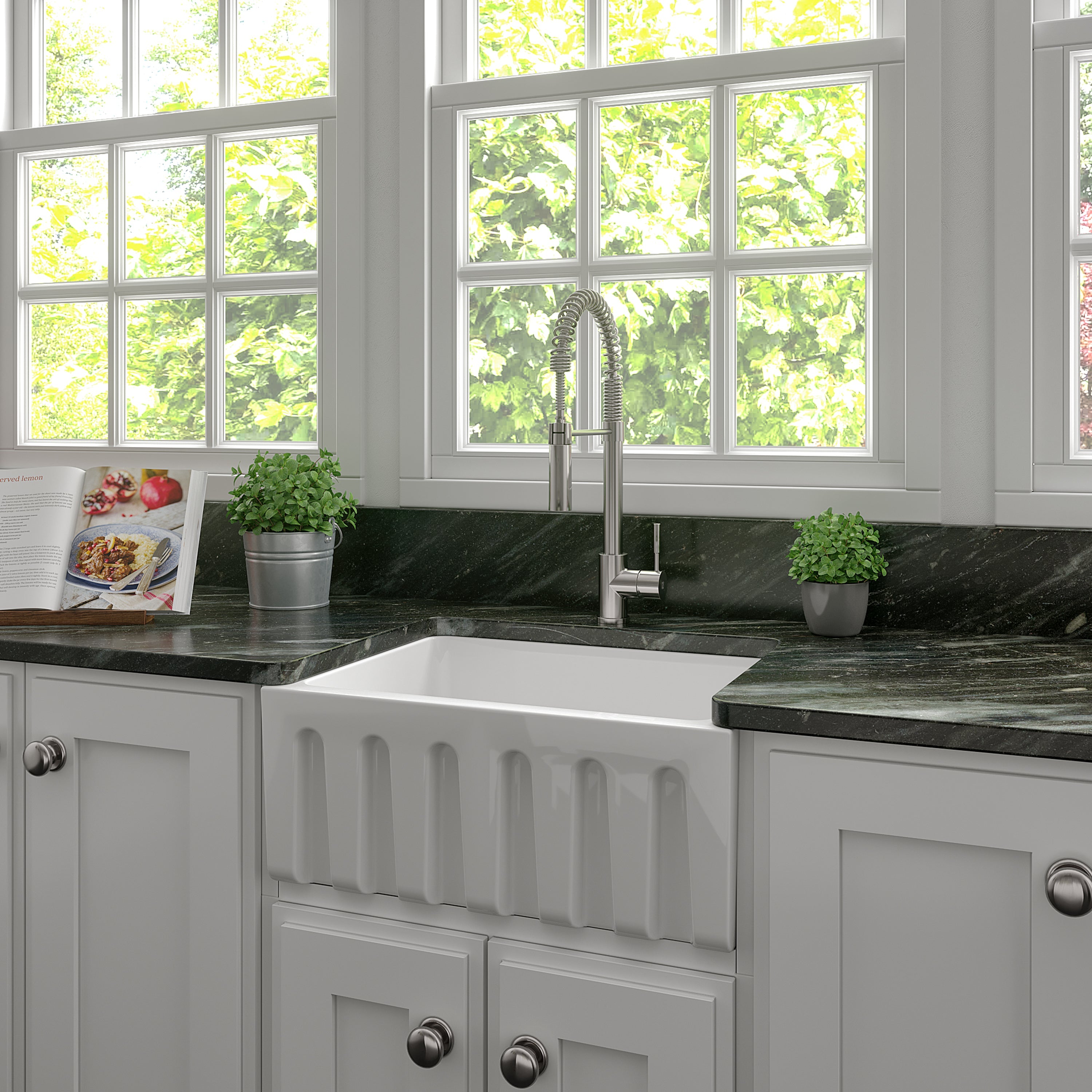 ZLINE 24 in. Venice Farmhouse Apron Front Reversible Single Bowl Fireclay Kitchen Sink with Bottom Grid in White Gloss (FRC5120-WH-24)