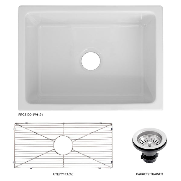 ZLINE 24 in. Venice Farmhouse Apron Front Reversible Single Bowl Fireclay Kitchen Sink with Bottom Grid in White Gloss (FRC5120-WH-24)