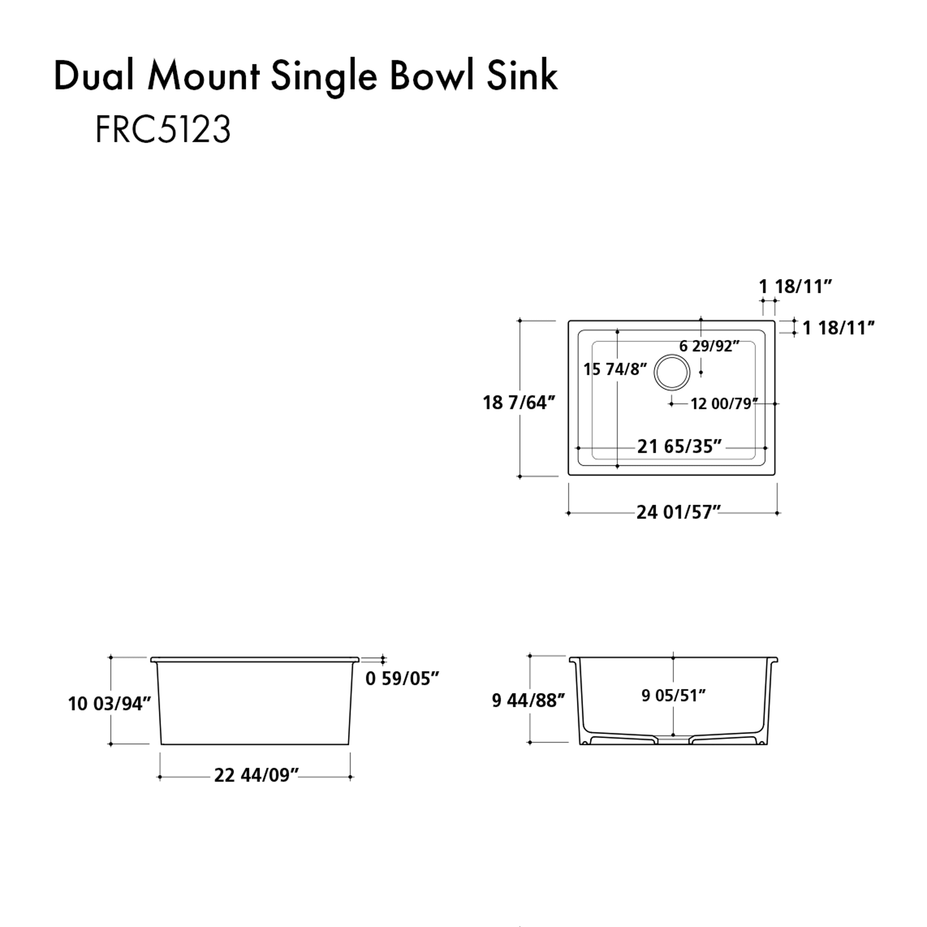 ZLINE 24 in. Rome Dual Mount Single Bowl Fireclay Kitchen Sink with Bottom Grid in White Matte (FRC5123-WM-24)