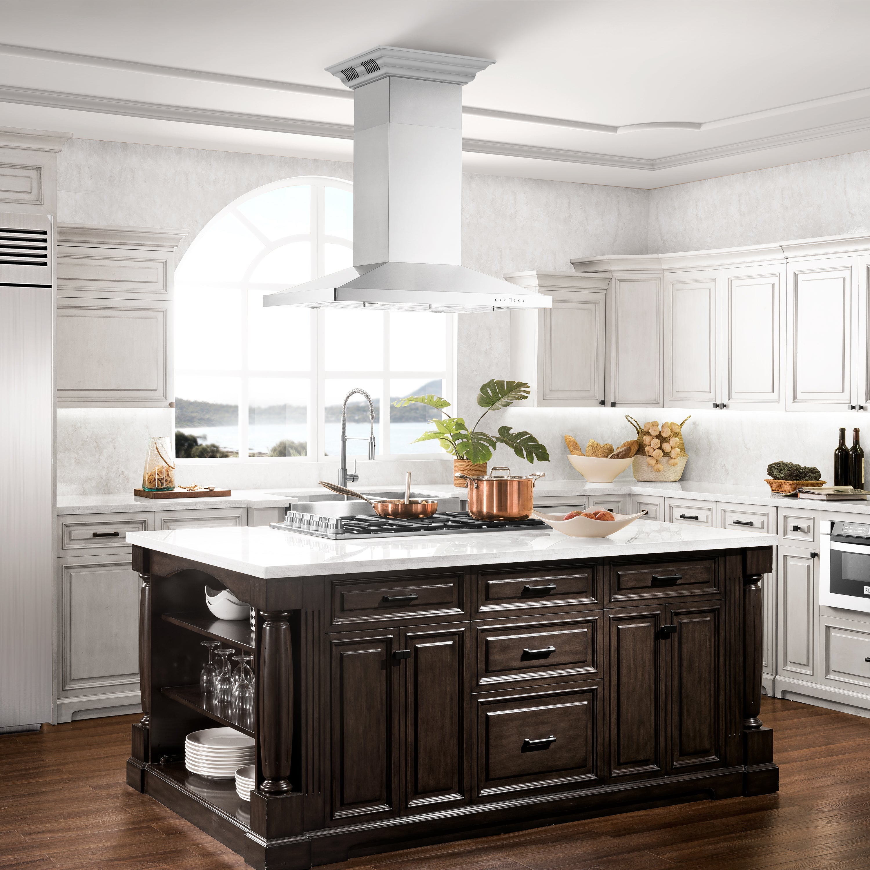 48" ZLINE CrownSound™Ducted Vent Island Mount Range Hood in Stainless Steel with Built-in Bluetooth Speakers (GL2iCRN-BT-48)