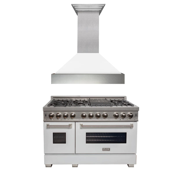 ZLINE Appliance Package | 48" Dual Fuel Range with White Matte Door, Range Hood | DuraSnow Stainless Steel | 2KP-RASWMRH48