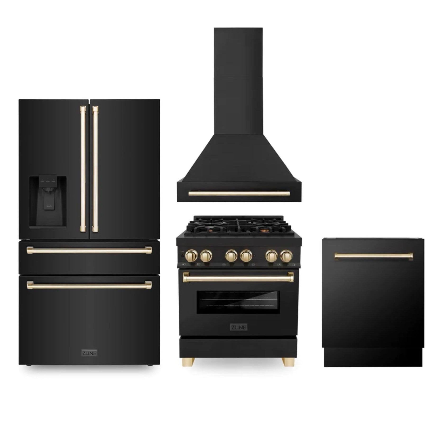 30" ZLINE Appliances Package - Autograph Edition Black Stainless Steel Dual Fuel Range, Range Hood, Dishwasher, Refrigerator with Water & Ice Dispenser, Gold Accents(4KAPR-RABRHDWV30-G)