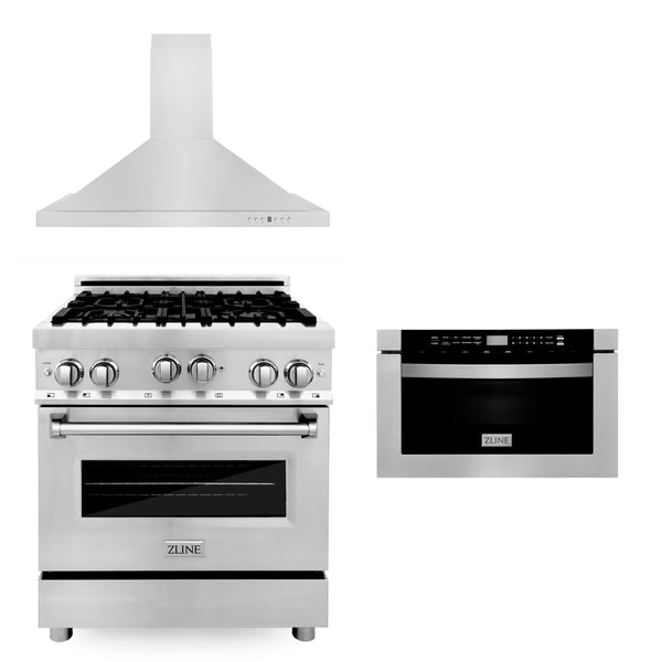ZLINE 30 in. Kitchen Package with Stainless Steel Gas Range, Convertible Vent Range Hood and Microwave Drawer (3KP-RGRH30-MW)