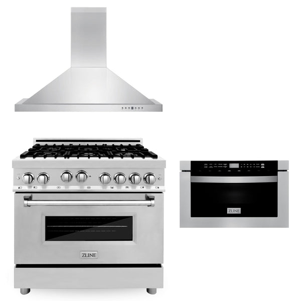 ZLINE 36 in. Kitchen Package with Stainless Steel Gas Range, Convertible Vent Range Hood and Microwave Drawer (3KP-RGRH36-MW)