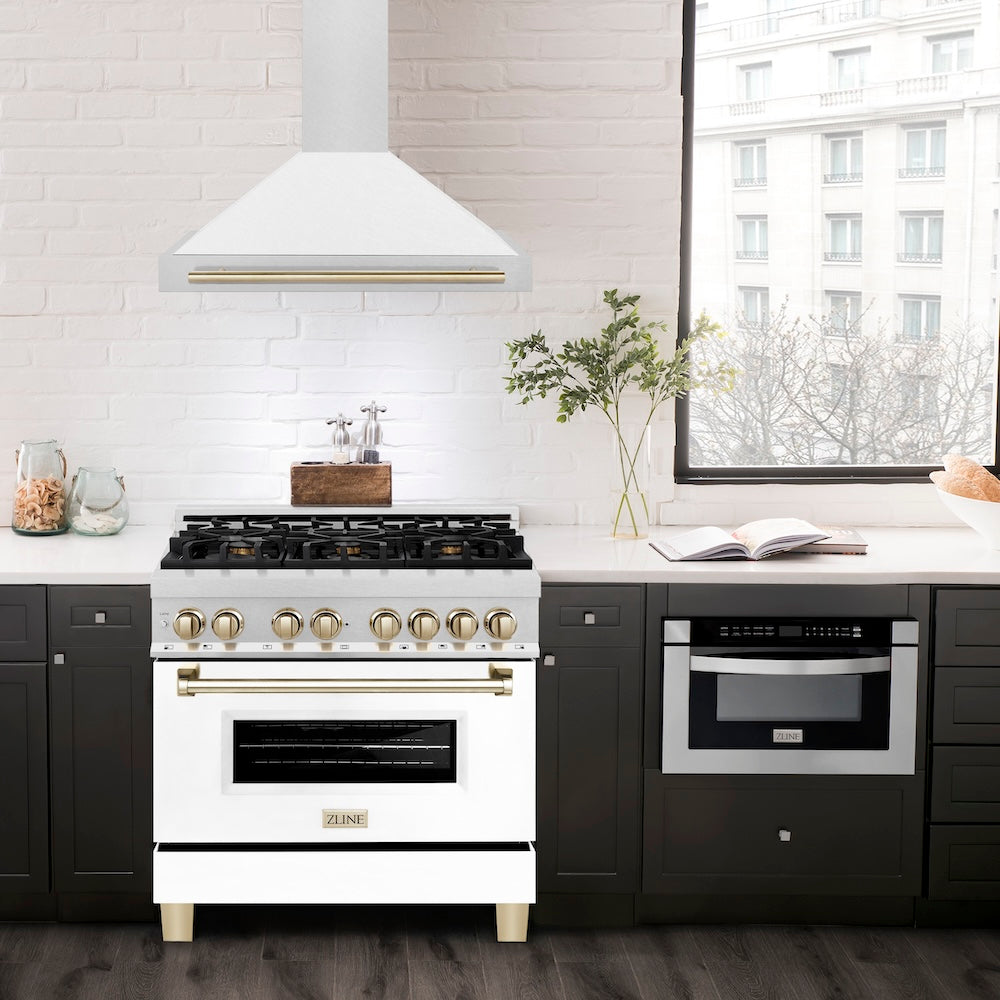 ZLINE 36 in. Autograph Edition Convertible Fingerprint Resistant Satin Stainless Steel Range Hood with White Matte Shell and Polished Gold Handle (KB4SNZ-WM36-G)
