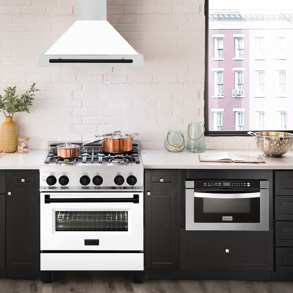 ZLINE 30 in. Autograph Edition Convertible Stainless Steel Range Hood with White Matte Shell and Matte Black Accents (KB4STZ-WM30-MB)