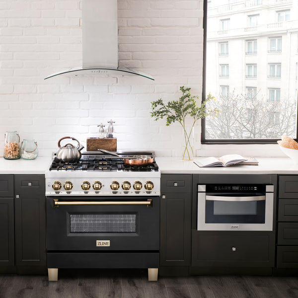 ZLINE Autograph Edition 36" 4.6 cu. ft. Dual Fuel Range with Gas Stove and Electric Oven in Stainless Steel with Black Matte Door and Polished Gold Accents (RAZ-BLM-36-G)