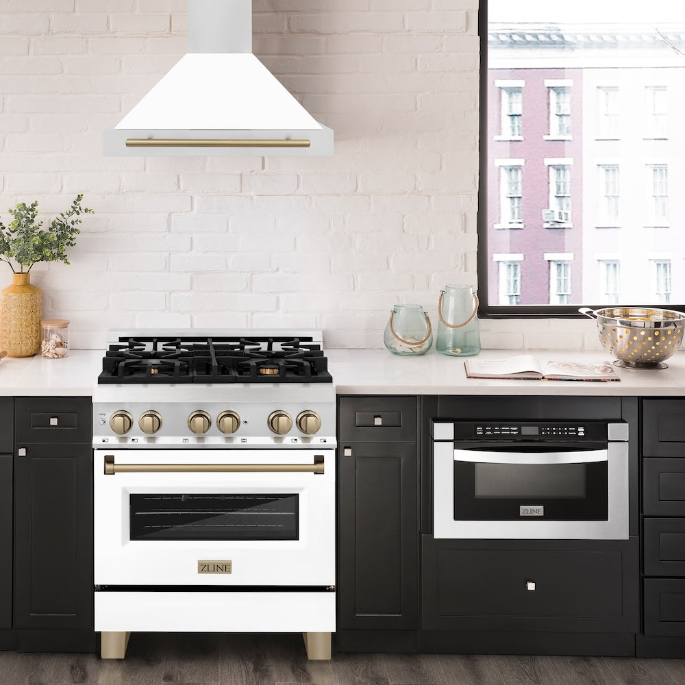 ZLINE 30 in. Autograph Edition Convertible Stainless Steel Range Hood with White Matte Shell and Champagne Bronze Accents (KB4STZ-WM30-CB)