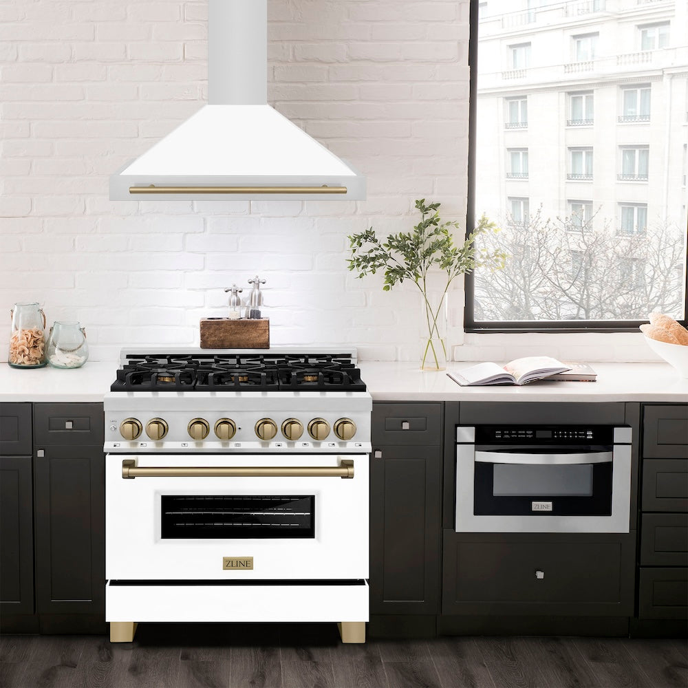 ZLINE 36 in. Autograph Edition Convertible Stainless Steel Range Hood with White Matte Shell and Champagne Bronze Accents (KB4STZ-WM36-CB)
