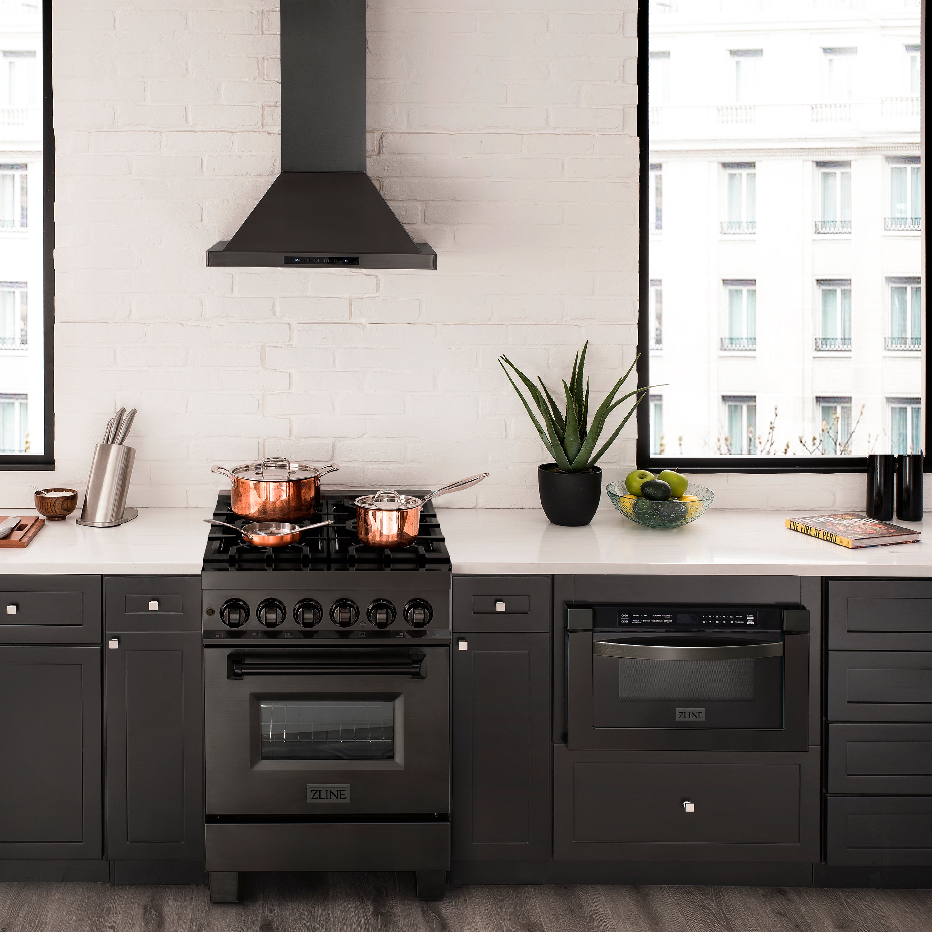 ZLINE 24 in. 2.8 cu. ft. Legacy Dual Fuel Range with Gas Cooktop and Electric Convection Oven in Black Stainless Steel with 4 Brass Burners (RAB-BR-24)