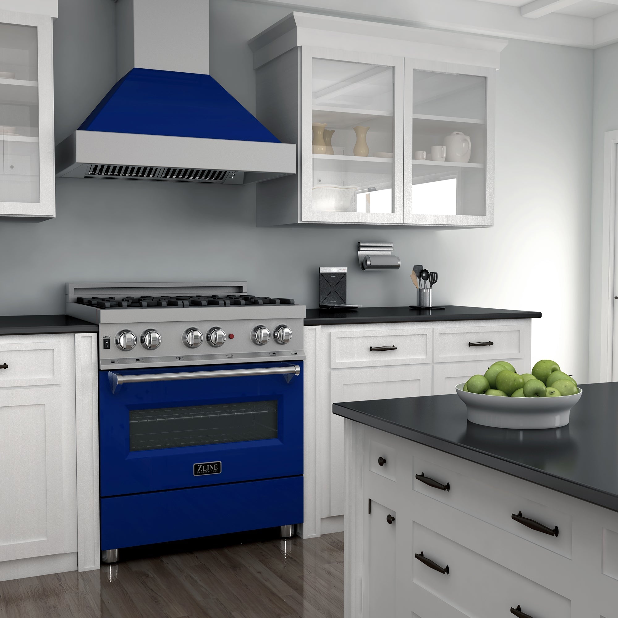 ZLINE 30 in. 4.0 cu. ft. Legacy Dual Fuel Range with 4 Burner Gas Cooktop and Electric Convection Oven in Satin Stainless Steel and Blue Gloss Door (RAS-BG-30)