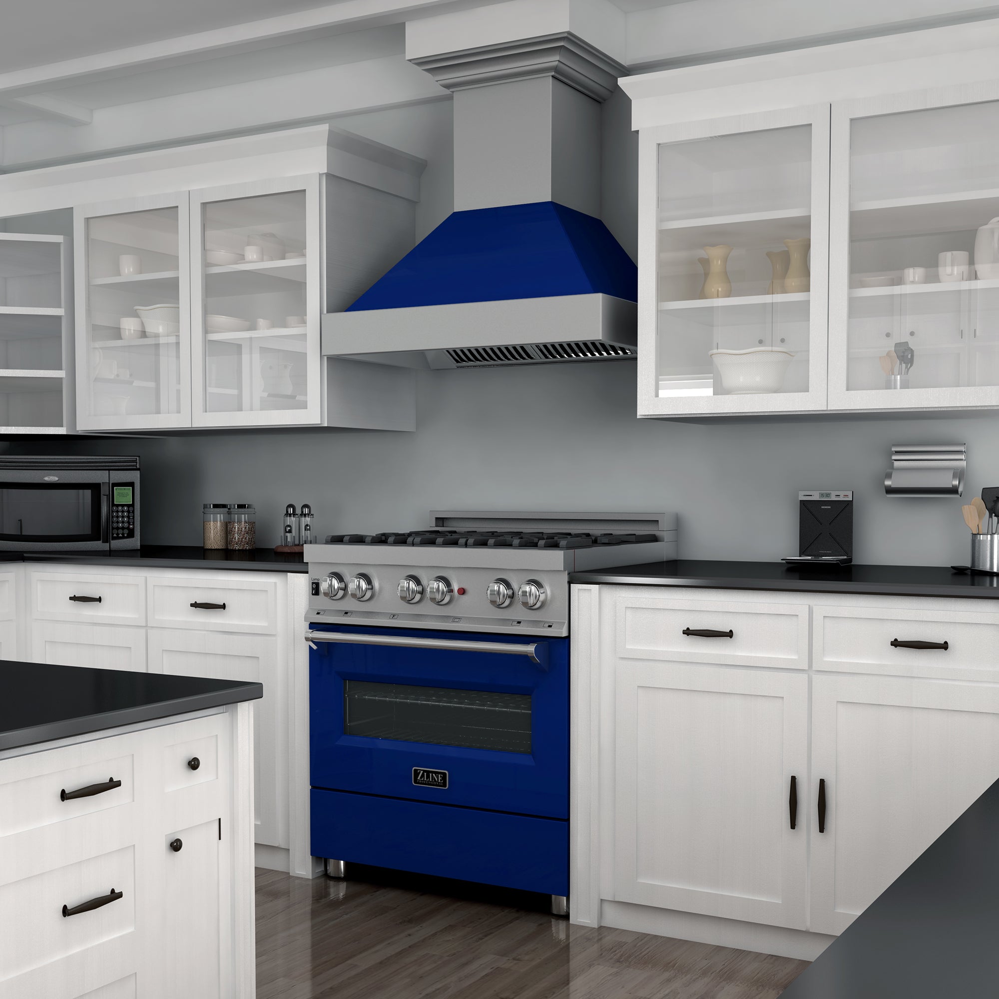 ZLINE 30 in. 4.0 cu. ft. Legacy Dual Fuel Range with 4 Burner Gas Cooktop and Electric Convection Oven in Satin Stainless Steel and Blue Gloss Door (RAS-BG-30)