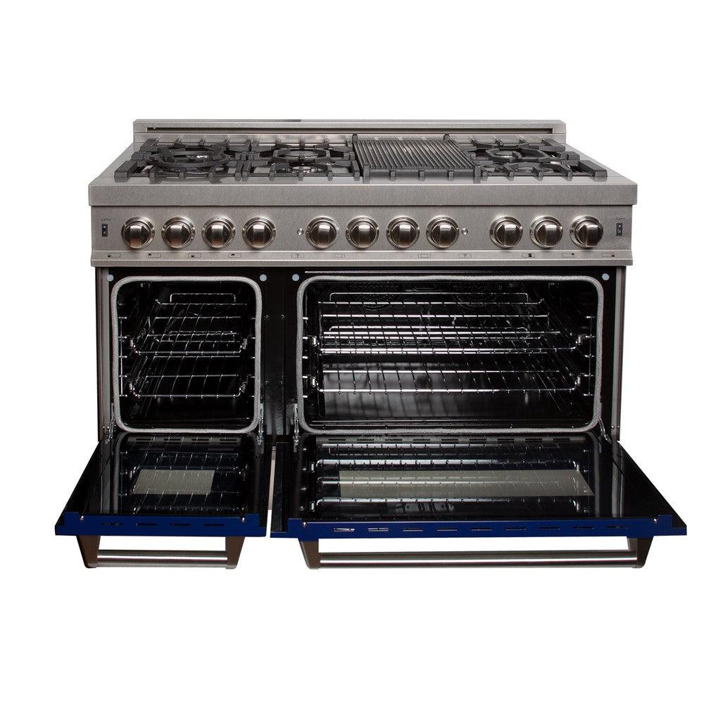 ZLINE 48 in. 6.0 cu. ft. Legacy Dual Fuel Range with 7 Burner Gas Cooktop and 2 Electric Ovens in Satin Stainless Steel and Blue Gloss Doors (RAS-BG-48)
