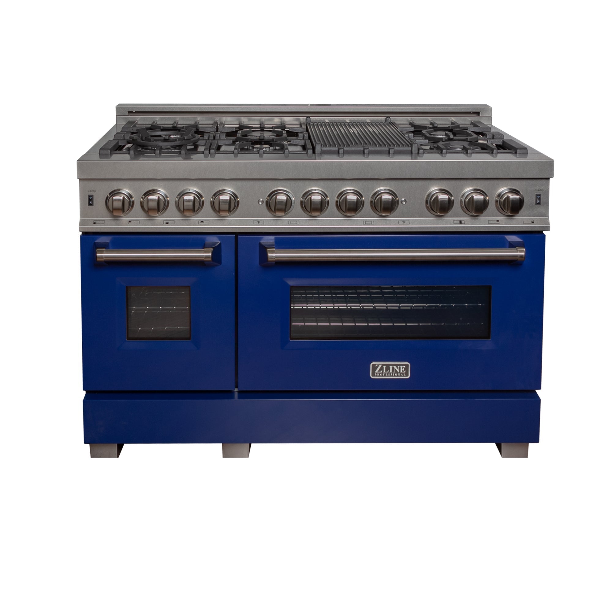 ZLINE 48 in. 6.0 cu. ft. Legacy Dual Fuel Range with 7 Burner Gas Cooktop and 2 Electric Ovens in Satin Stainless Steel and Blue Gloss Doors (RAS-BG-48)