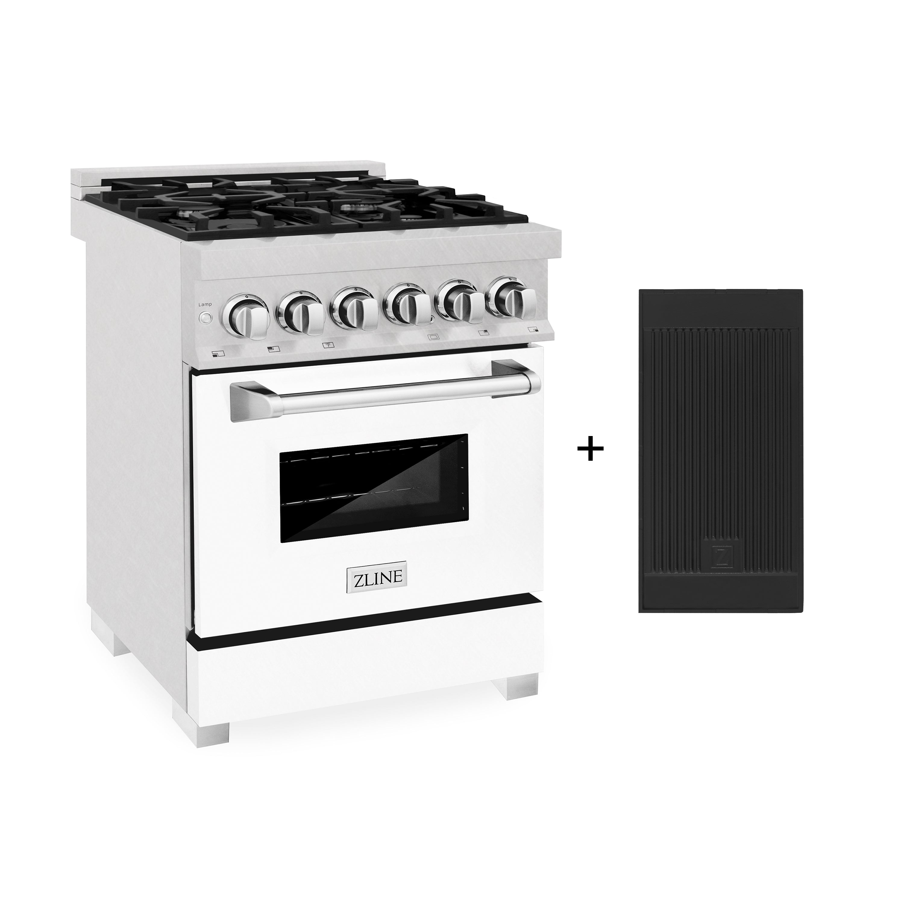 ZLINE 24 in. 2.8 cu. ft. Legacy Dual Fuel Range with 4 Burner Gas Cooktop and Electric Convection Oven in Satin Stainless Steel with White Matte Door and Griddle (RAS-WM-GR-24)