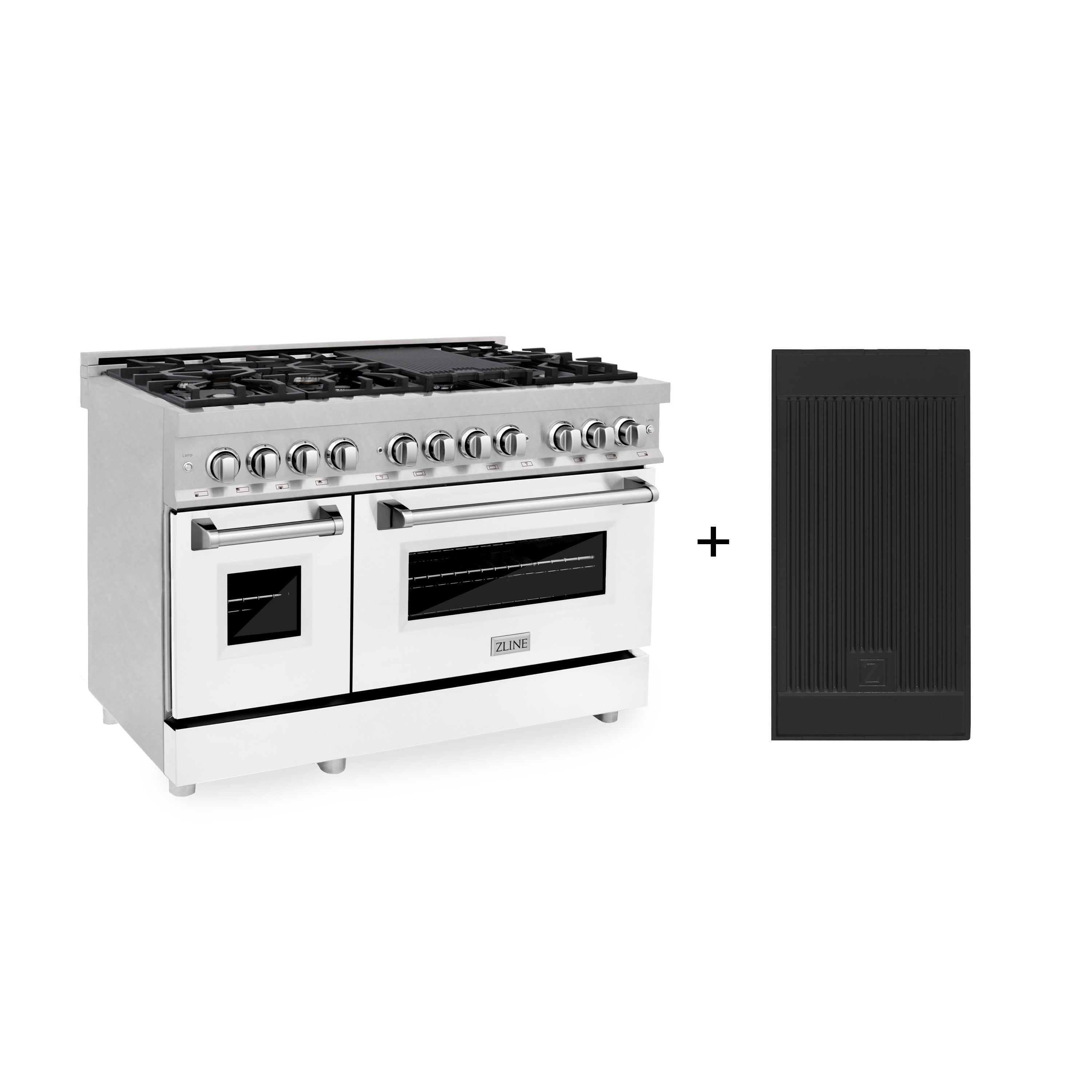 ZLINE 48 in. 6.0 cu. ft. Legacy Dual Fuel Range with 7 Burner Gas Cooktop and 2 Electric Ovens in Satin Stainless Steel with White Matte Doors and Griddle (RAS-WM-GR-48)