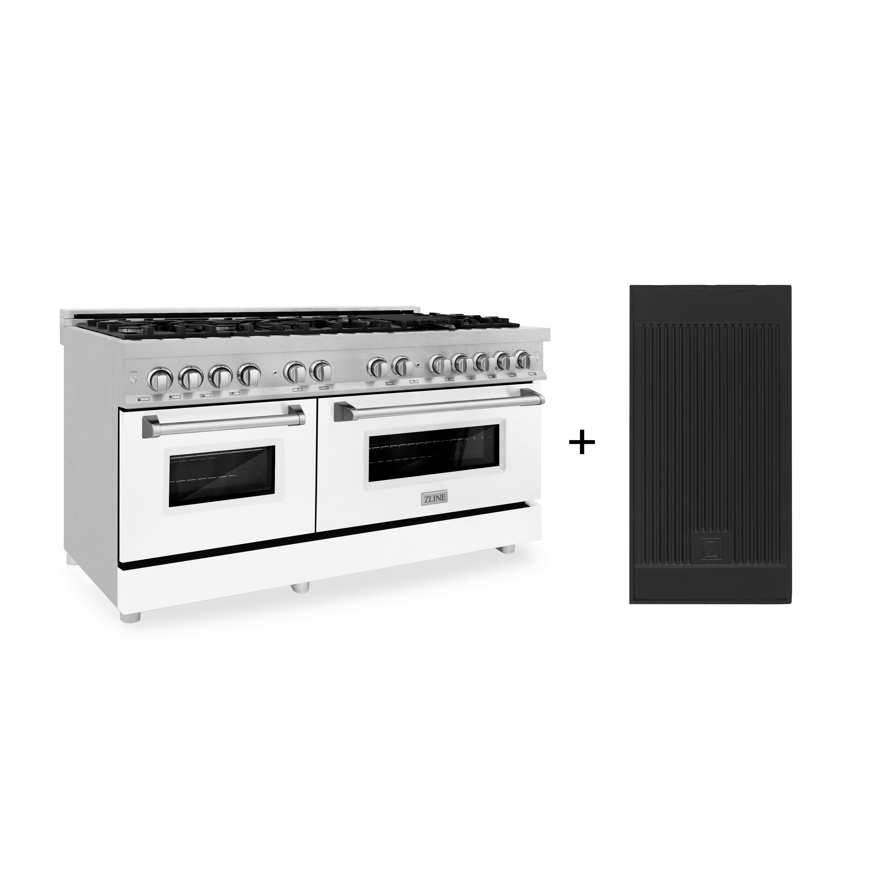 ZLINE 60 in. 7.4 cu. ft. Legacy Dual Fuel Range with 9 Burner Gas Cooktop and 2 Electric Convection Ovens in Satin Stainless Steel with White Matte Doors and Griddle (RAS-WM-GR-60)