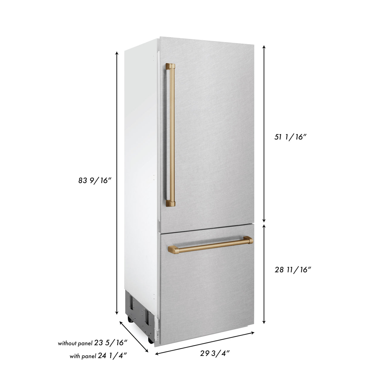 ZLINE 30" Autograph Edition 16.1 cu. ft. Built-in 2-Door Bottom Freezer Refrigerator with Internal Water and Ice Dispenser in Fingerprint Resistant Stainless Steel with Champagne Bronze Accents (RBIVZ-SN-30-CB)