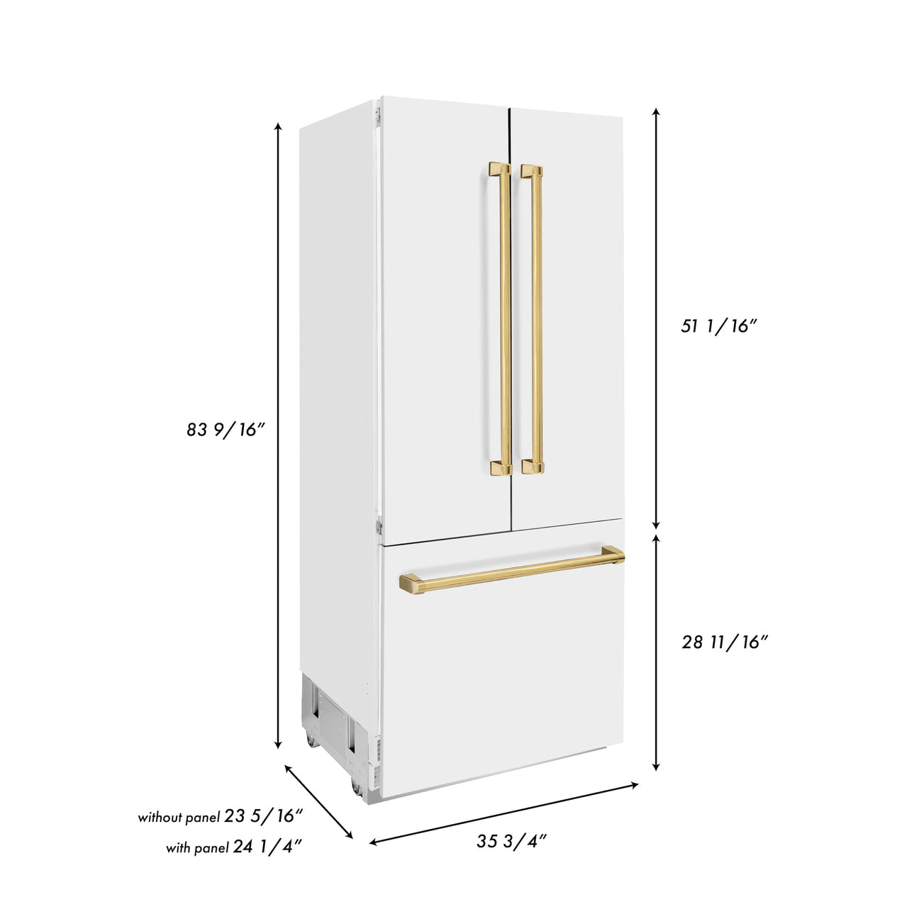 ZLINE 36 in. Autograph Edition 19.6 cu. ft. Built-in 2-Door Bottom Freezer Refrigerator with Internal Water and Ice Dispenser in White Matte with Gold Accents (RBIVZ-WM-36-G)