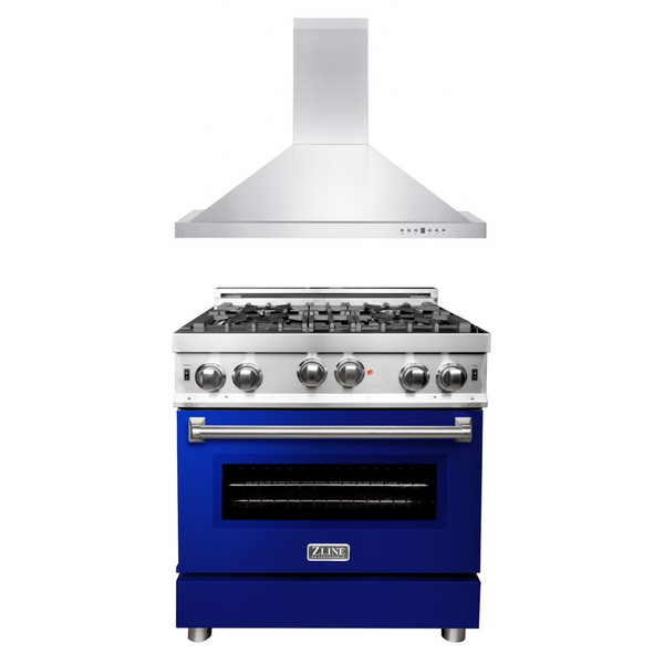 ZLINE 30 in. Kitchen Package with Stainless Steel Gas Range with Blue Gloss Door and Convertible Vent Range Hood (2KP-RGBGRH30)