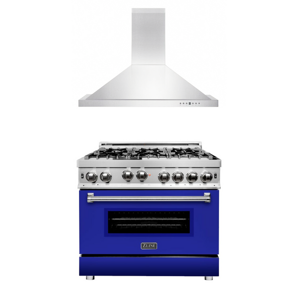 ZLINE 36 in. Kitchen Package with Stainless Steel Gas Range with Blue Matte Door and Convertible Vent Range Hood (2KP-RGBMRH36)
