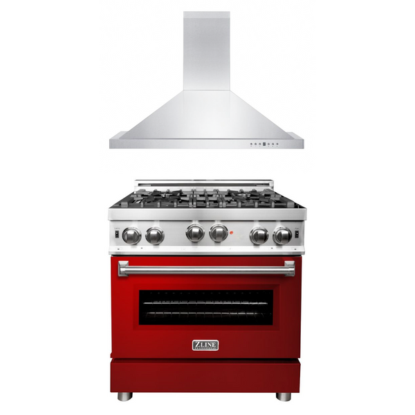 ZLINE 30 in. Kitchen Package with Stainless Steel Gas Range with Red Gloss Door and Convertible Vent Range Hood (2KP-RGRGRH30)