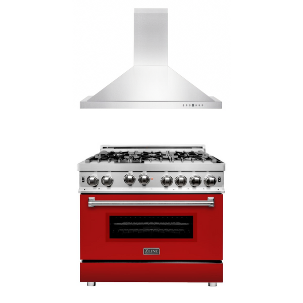 ZLINE 36 in. Kitchen Package with Stainless Steel Gas Range with Red Matte Door and Convertible Vent Range Hood (2KP-RGRMRH36)