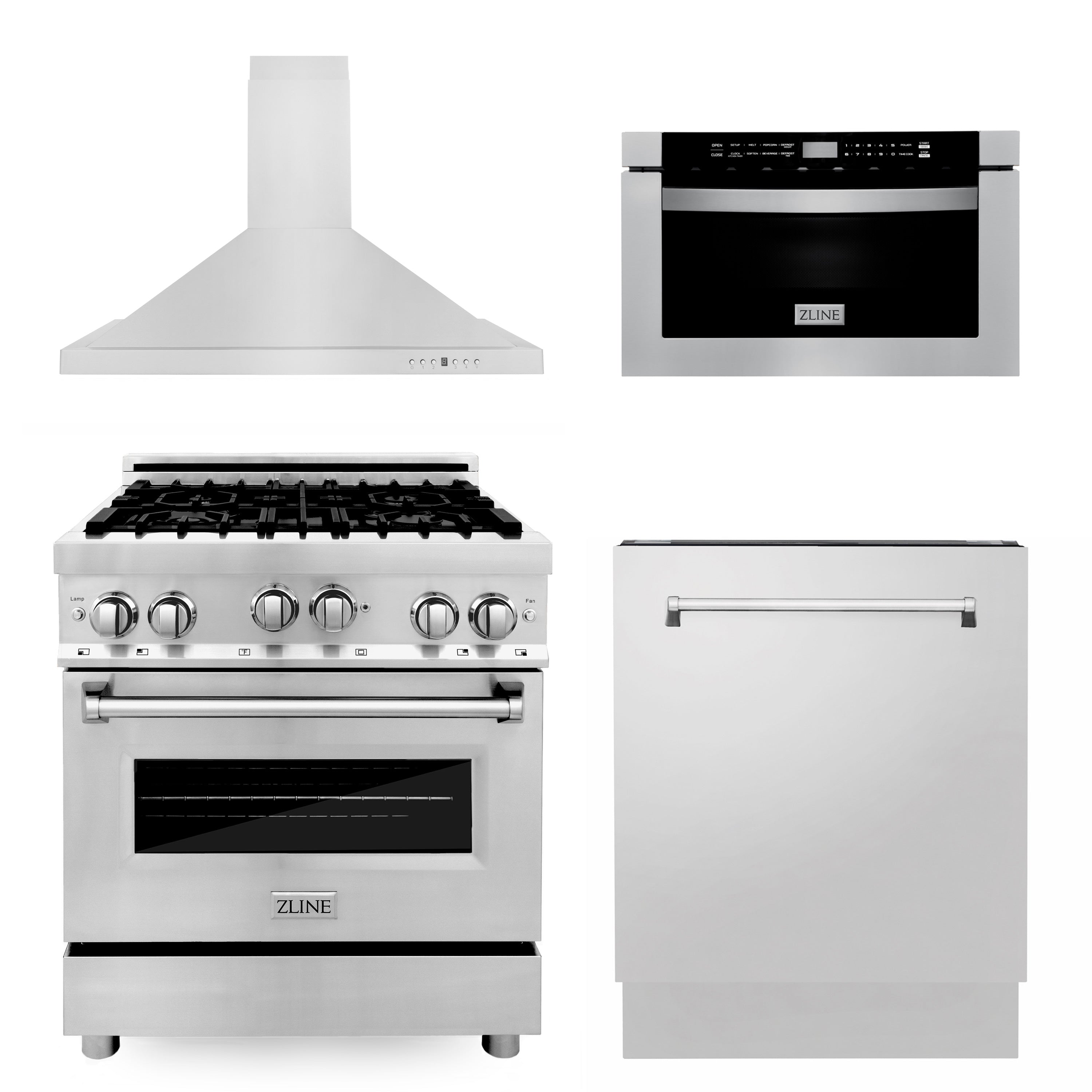 ZLINE 30 in. Kitchen Package with Stainless Steel Gas Range, Range Hood, Microwave Drawer and Tall Tub Dishwasher (4KP-RGRH30-MWDWV)