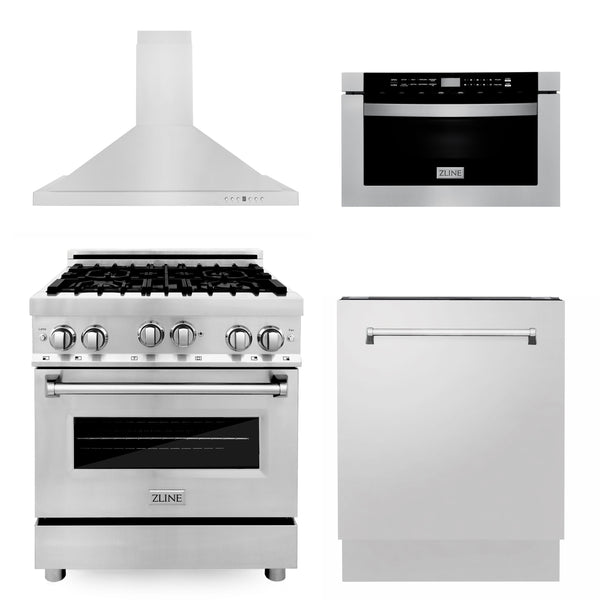ZLINE 30 in. Kitchen Package with Stainless Steel Gas Range, Range Hood, Microwave Drawer and Tall Tub Dishwasher (4KP-RGRH30-MWDWV)