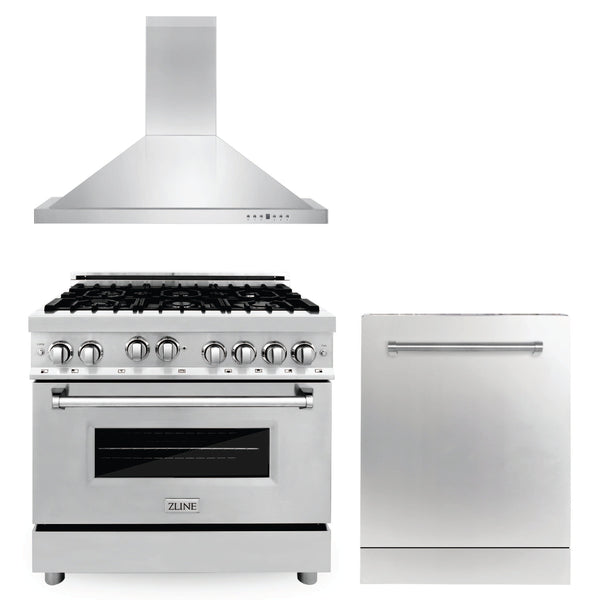 ZLINE 36 in. Kitchen Package with Stainless Steel Gas Range, Convertible Vent Range Hood and Dishwasher (3KP-RGRH36-DW)