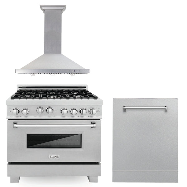 ZLINE 36 in. Kitchen Package with Satin Stainless Steel Gas Range, Ducted Range Hood and Dishwasher (3KP-RGSRH36-DW)
