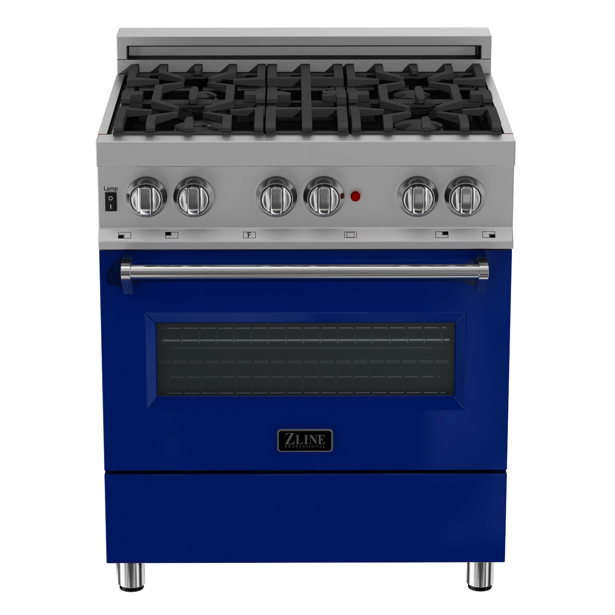 ZLINE 30 in. 4.0 cu. ft. Legacy Dual Fuel Range with 4 Burner Gas Cooktop and Electric Convection Oven in Satin Stainless Steel and Blue Gloss Door (RAS-BG-30)