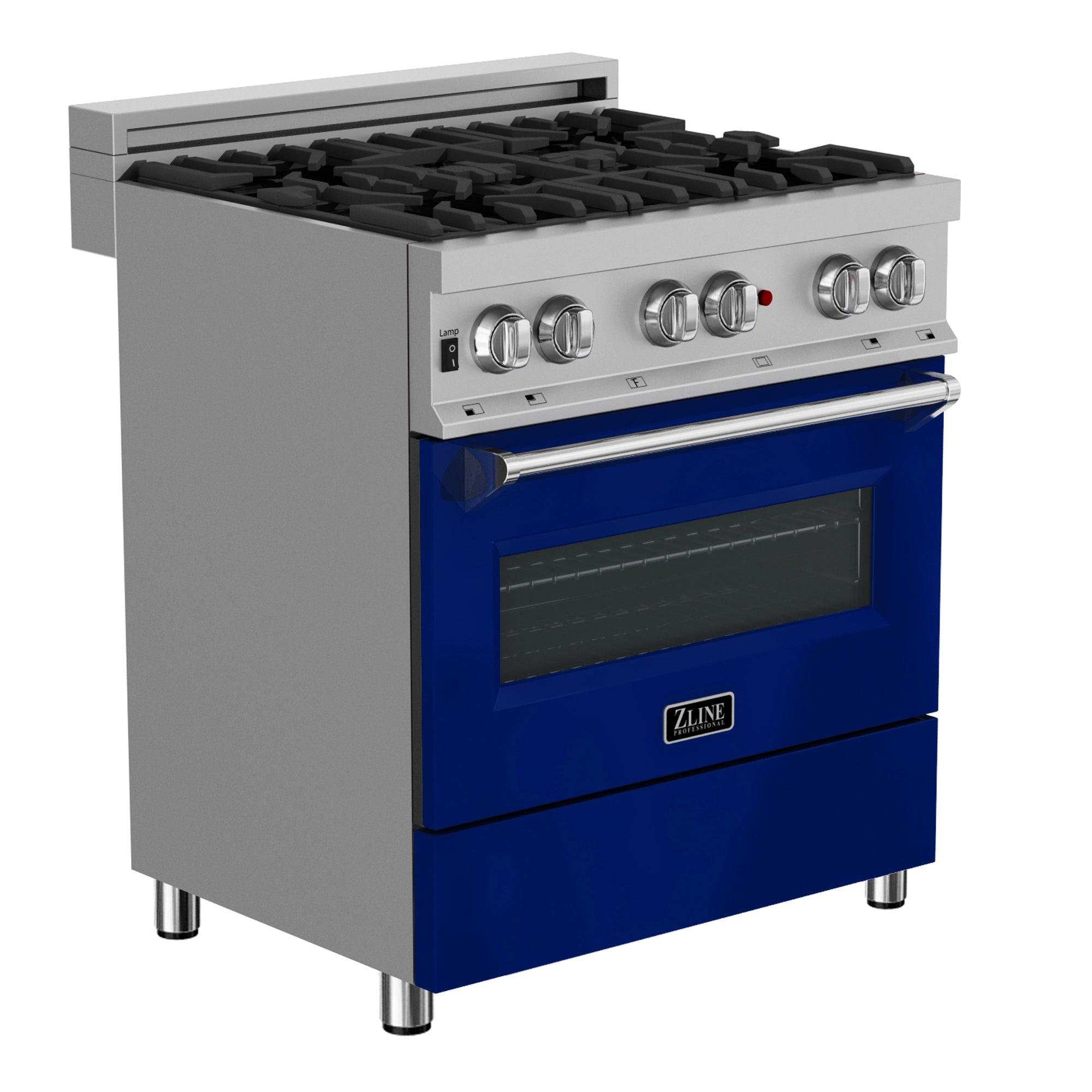 ZLINE 30 in. 4.0 cu. ft. Legacy Dual Fuel Range with 4 Burner Gas Cooktop and Electric Convection Oven in Satin Stainless Steel and Blue Gloss Door (RAS-BG-30)