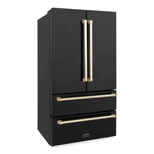 ZLINE 36" Appliance Package - Autograph Edition - Black Stainless Steel Dual Fuel Range, Range Hood, Dishwasher and Refrigeration with Gold Accents (4AKPR-RABRHDWV36-G)