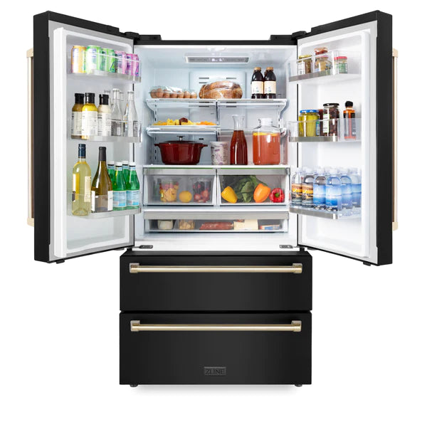 ZLINE 48" Appliance Package - Autograph Edition - Black Stainless Steel Dual Fuel Range, Range Hood, Dishwasher and Refrigeration with Gold Accents (4AKPR-RABRHDWV48-G)