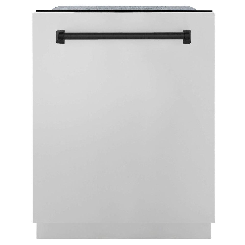 ZLINE Autograph Edition 30 in. Kitchen Package with Stainless Steel Dual Fuel Range, Range Hood, Dishwasher, and Refrigerator with External Water Dispenser with Matte Black Accents (4AKPR-RARHDWM30-MB)