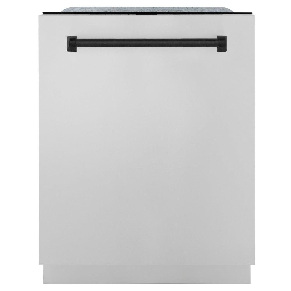 ZLINE Autograph Edition 48 in. Kitchen Package with Stainless Steel Dual Fuel Range, Range Hood, Dishwasher and Refrigeration Including External Water Dispenser with Matte Black Accents (4AKPR-RARHDWM48-MB)