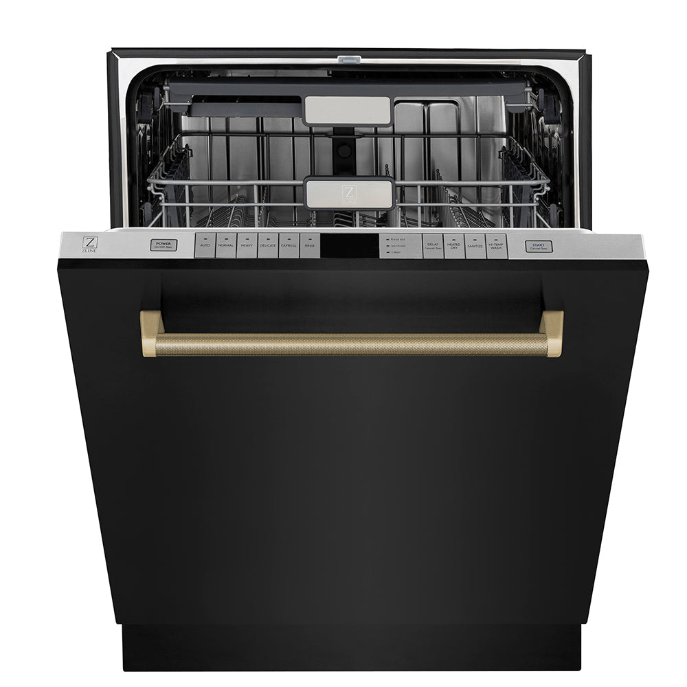 ZLINE Autograph Edition 24 in. Monument Series 3rd Rack Top Touch Control Tall Tub Dishwasher in Black Stainless Steel with Champagne Bronze Helix Handle, 45dBa (DWMTZ-BS-24-KCB)