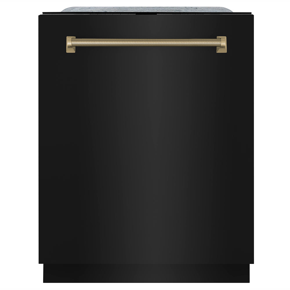 ZLINE Autograph Edition 24 in. Monument Series 3rd Rack Top Touch Control Tall Tub Dishwasher in Black Stainless Steel with Champagne Bronze Helix Handle, 45dBa (DWMTZ-BS-24-KCB)