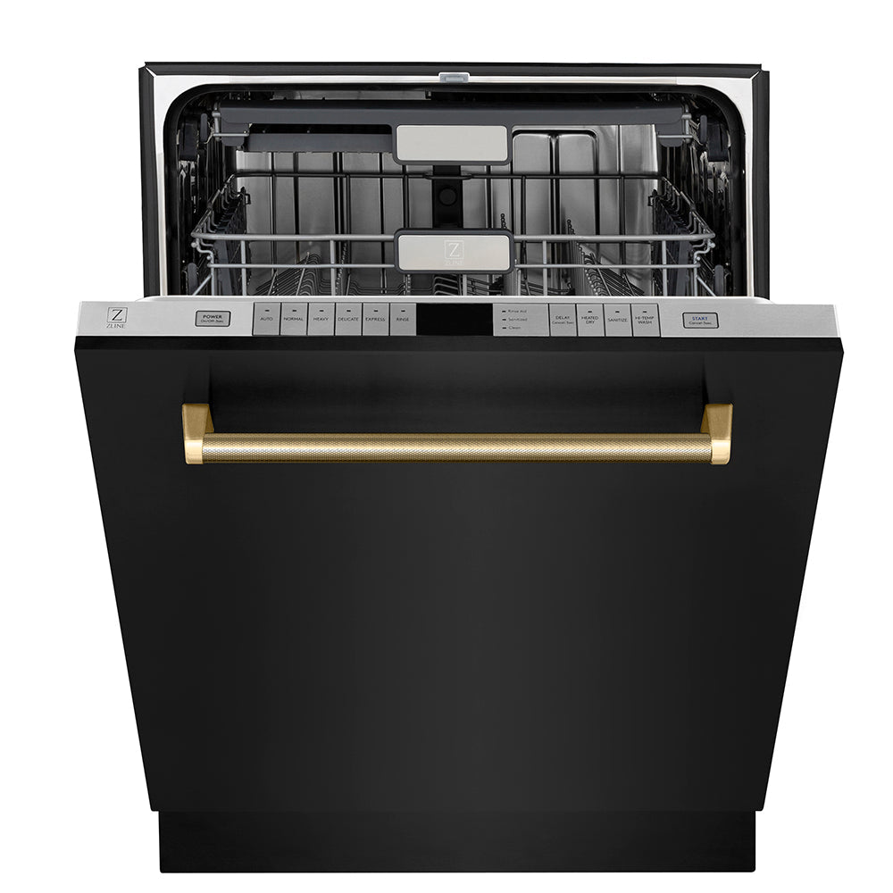 ZLINE Autograph Edition 24 in. Monument Series 3rd Rack Top Touch Control Tall Tub Dishwasher in Black Stainless Steel with Polished Gold Helix Handle, 45dBa (DWMTZ-BS-24-KG)