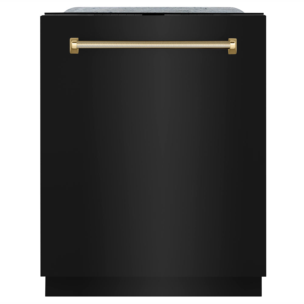ZLINE Autograph Edition 24 in. Monument Series 3rd Rack Top Touch Control Tall Tub Dishwasher in Black Stainless Steel with Polished Gold Helix Handle, 45dBa (DWMTZ-BS-24-KG)