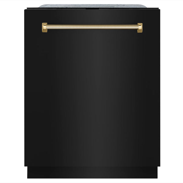 ZLINE Autograph Edition 24 in. Monument Series 3rd Rack Top Touch Control Tall Tub Dishwasher in Black Stainless Steel with Polished Gold Helix Handle, 45dBa (DWMTZ-BS-24-KG)