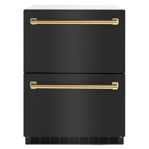 ZLINE Autograph Edition 24 in. Touchstone 168 Can Outdoor-Rated Dual Refrigerator Drawer with Black Stainless Steel Doors and Polished Gold Handles (RDSOZ-BS-24-G)